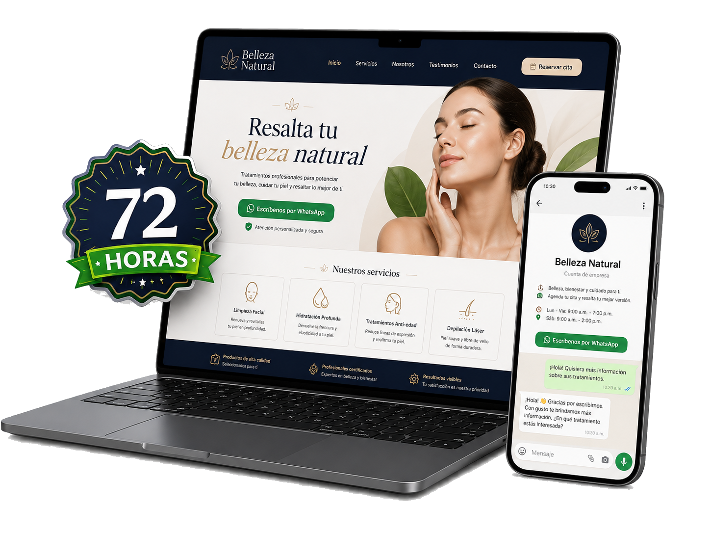 Página web de ejemplo en laptop y celular con sello de entrega en 72 horas